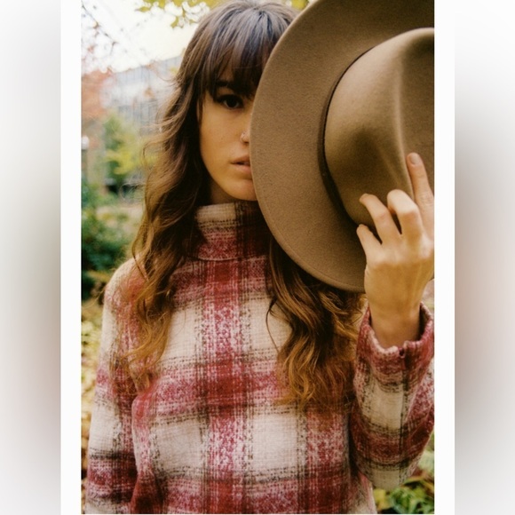 Just Female Plaid Wood Blouse Wool Blend Mock Neck - Picture 2 of 11